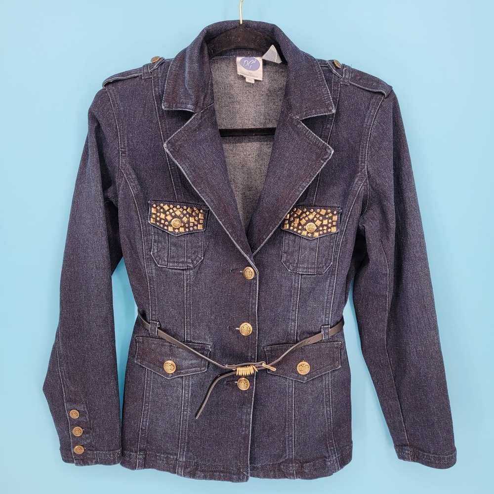 DG2 by Diane Gilman Denim Blazer Womens XS Studded Belted Dark Wash Stretch glam